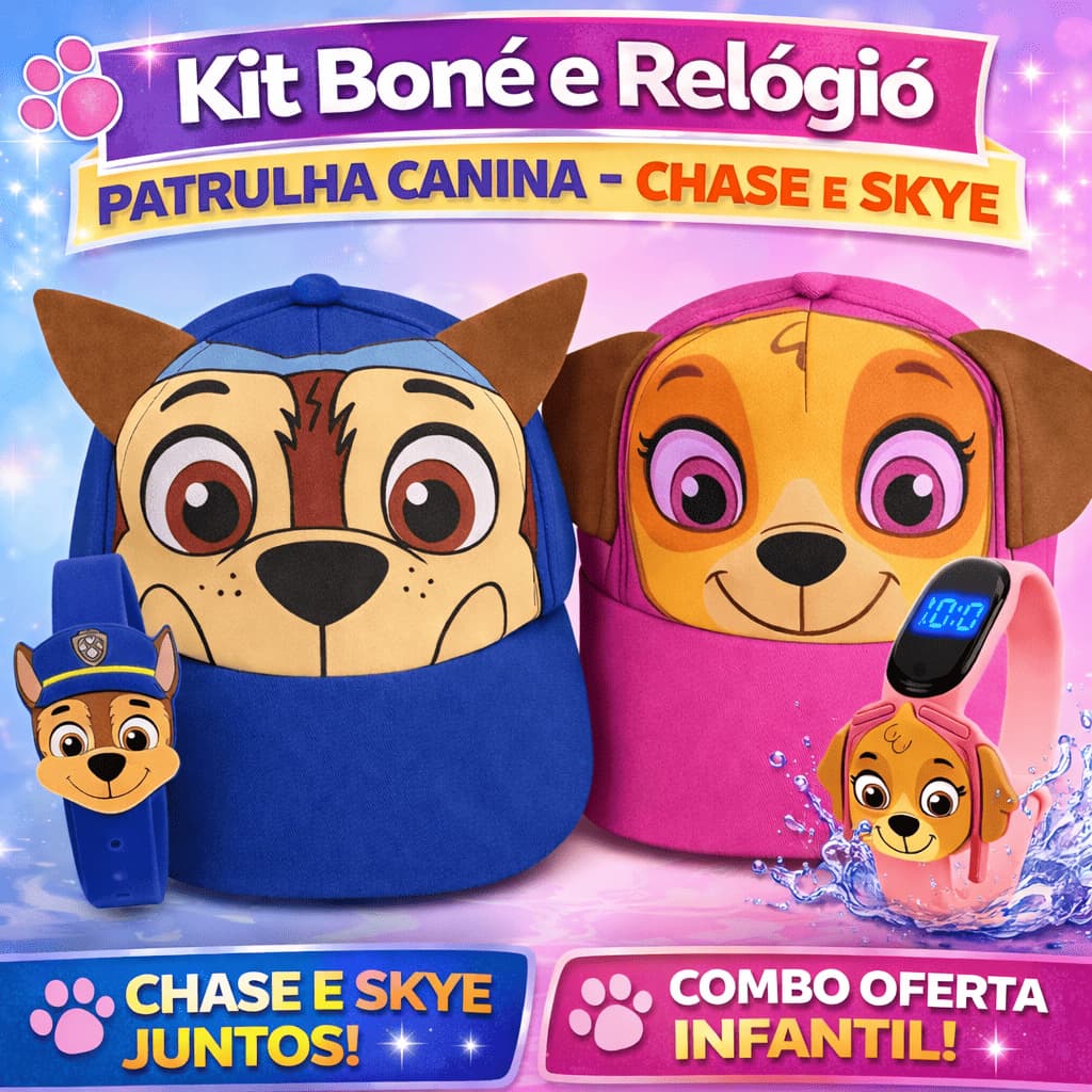 Kit Relógio Infantil Patrulha Canina + Boné Personagem Chase e Skye Original