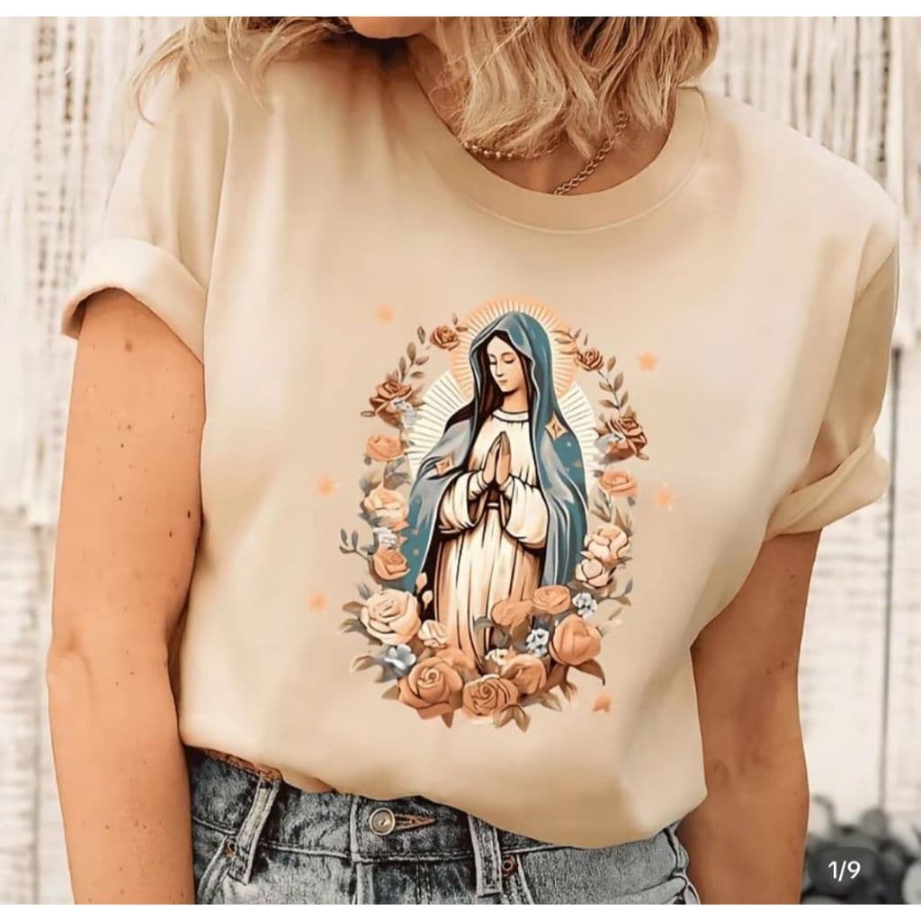 Camiseta Feminina Estampada Virgem Maria 100% Algodão Fio Penteado
