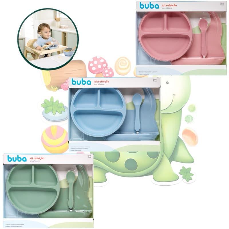 kit alimentação 3 peças silicone prato com ventosa babador e colher Buba introdução alimentar