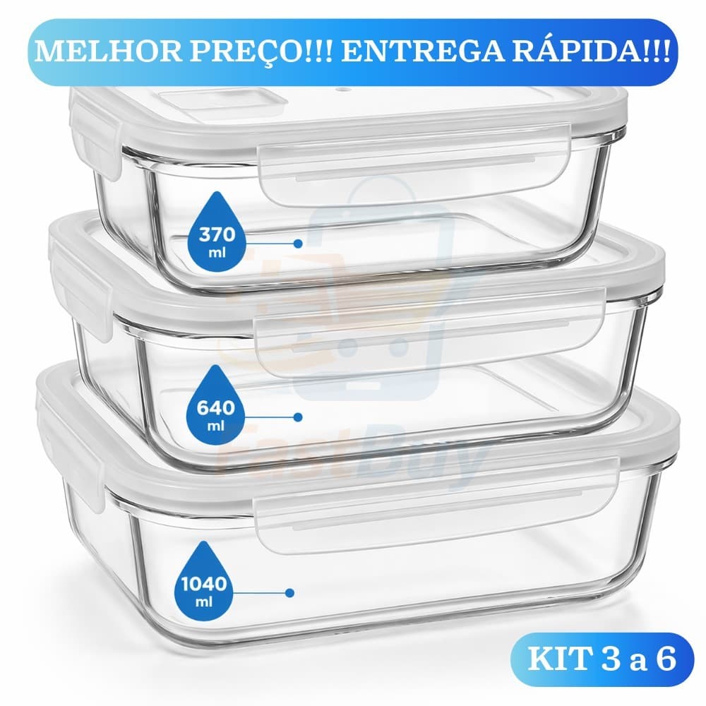 Kit com 3 Potes Herméticos de Vidro Resistente Conjunto Porta Alimentos Vai ao Freezer e Forno