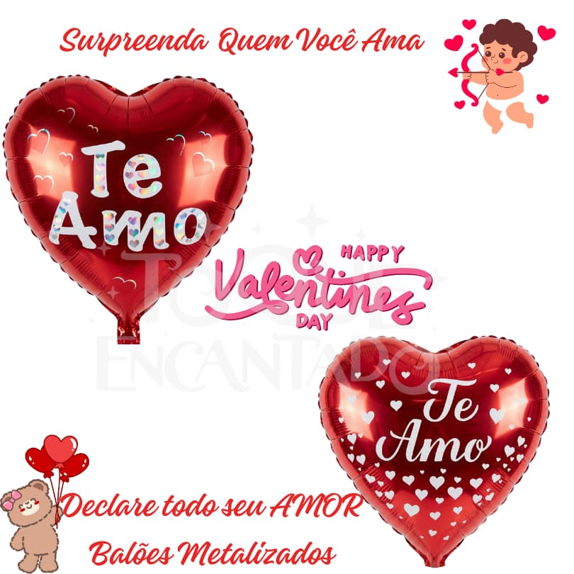 Kit 21/22 Balão Metalizado de Coração + Escrita Love ou Te Amo Surpresa Dia dos Namorados