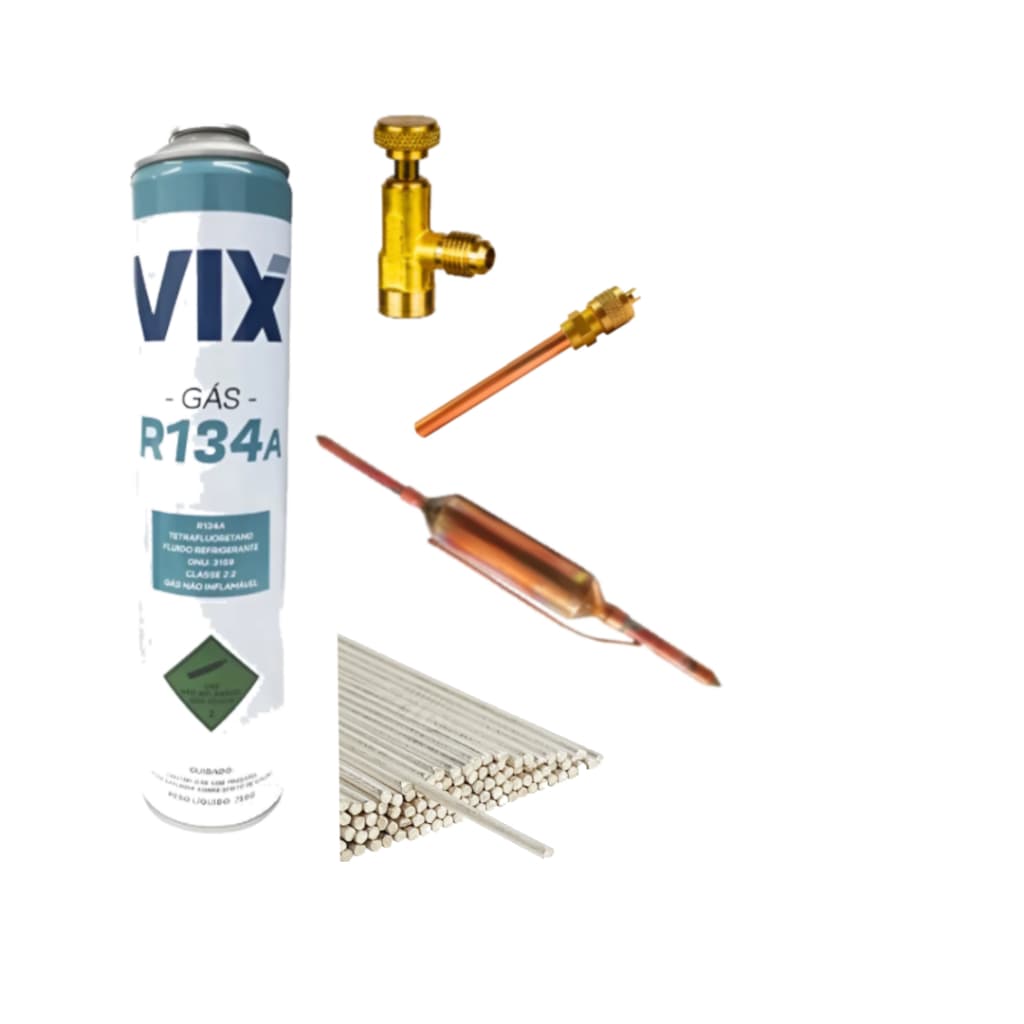 filtro silica + União Schrader + R134a + 1 Vareta Solda Foscoper + Valvula para refil