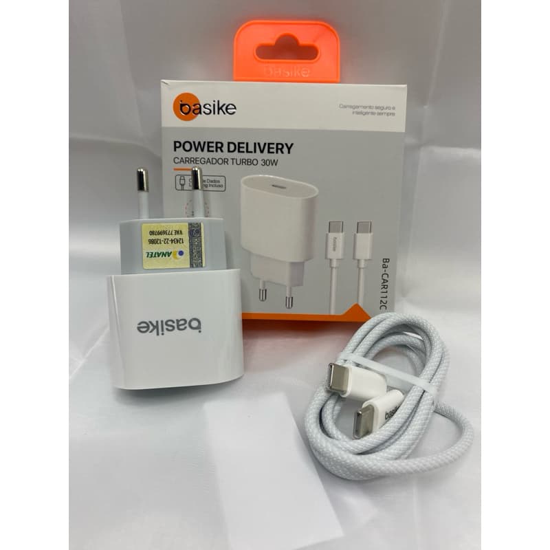 Carregador Turbo Basike 20W USB-C para USB-C PD Carga Rápida 0 a 100% em 40min