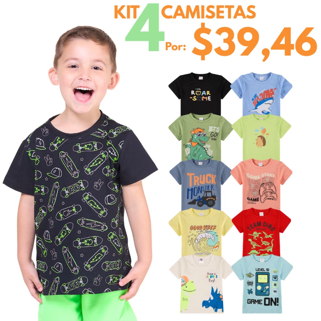 Kit 4 Camisetas Infantil Menino Manga Curta 100% Algodão 2 ao 8 anos Verão