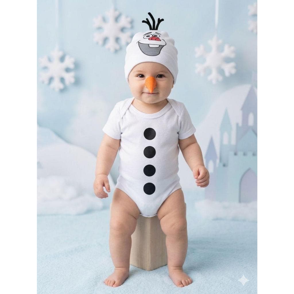 Body Temático Bebê Olaf Body Frozen Body Mesversario Olaf Body + Touca Olaf Fantasia Boneco Olaf Body Personagem Olaf