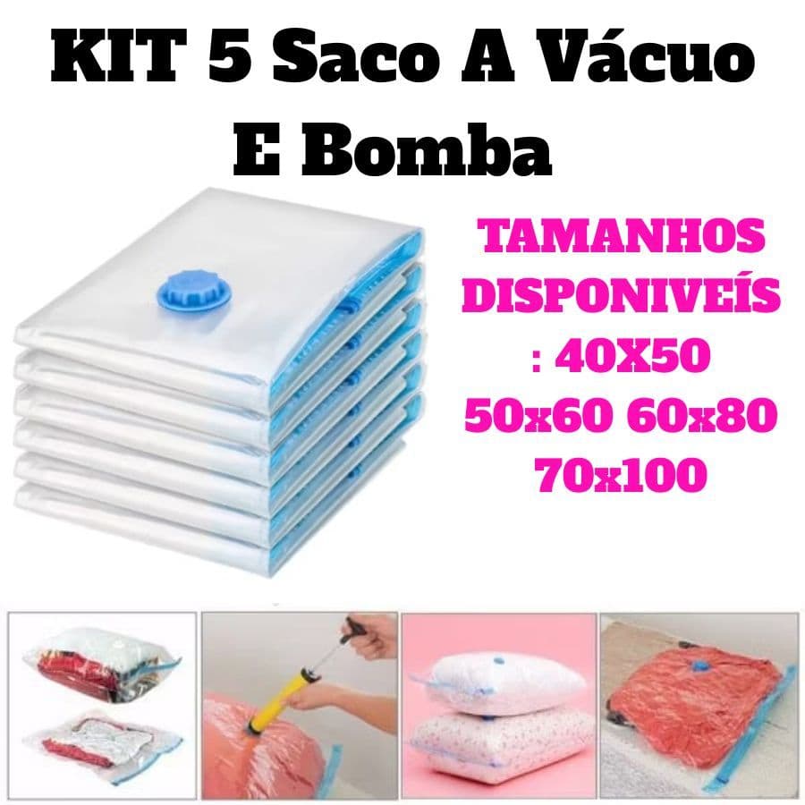 KIT 5 Saco A Vácuo E Bomba 110V De Ar Elétrica Ou USB 70x100 50x60 40X50 60x80 Para Armazenar E Guarda De Maneira Mais