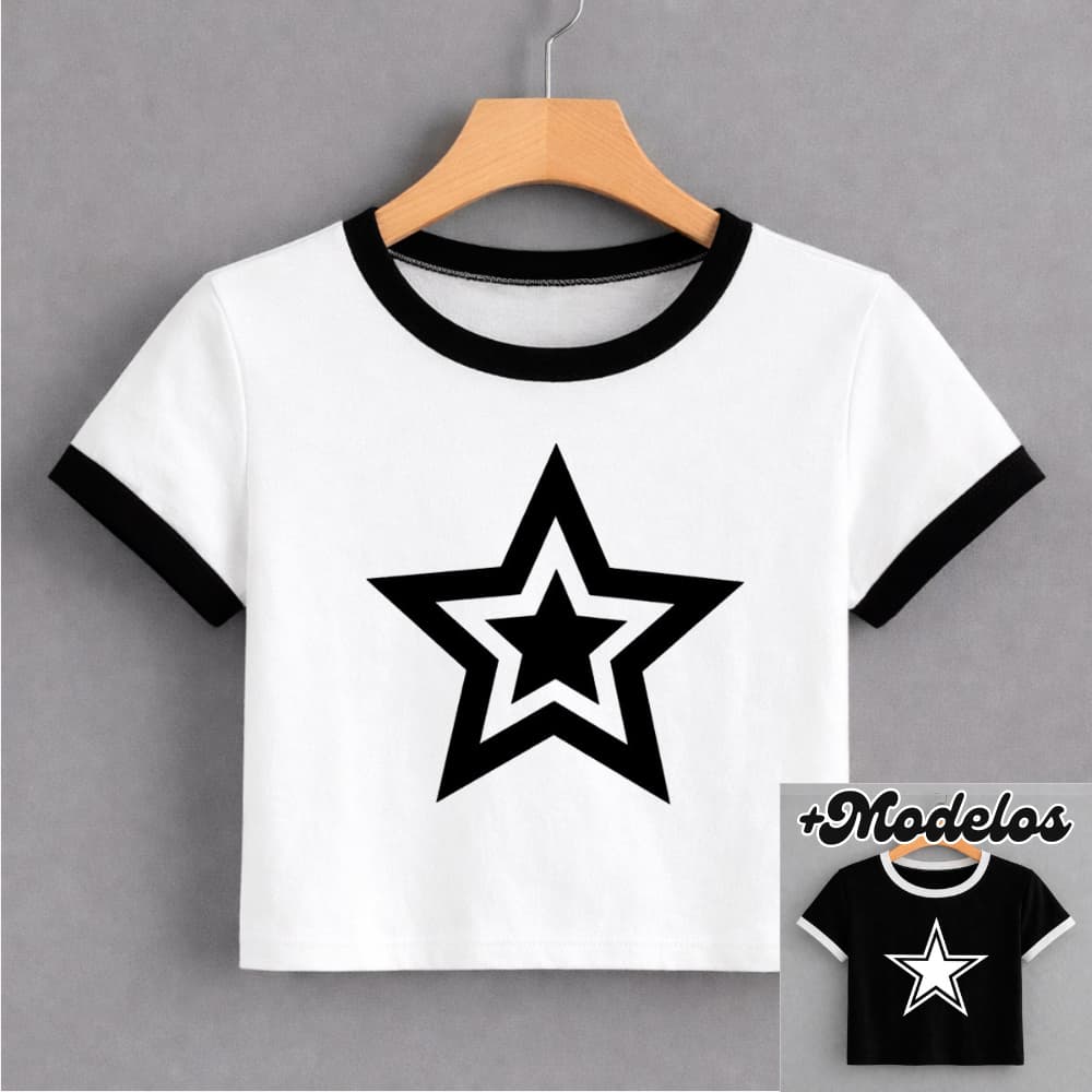 BABY TEE Feminina, Modelo STAR ESTRELA, Cropped Camiseta - Estilo Alternativa Y2K Blogueira Streetwear Grunge