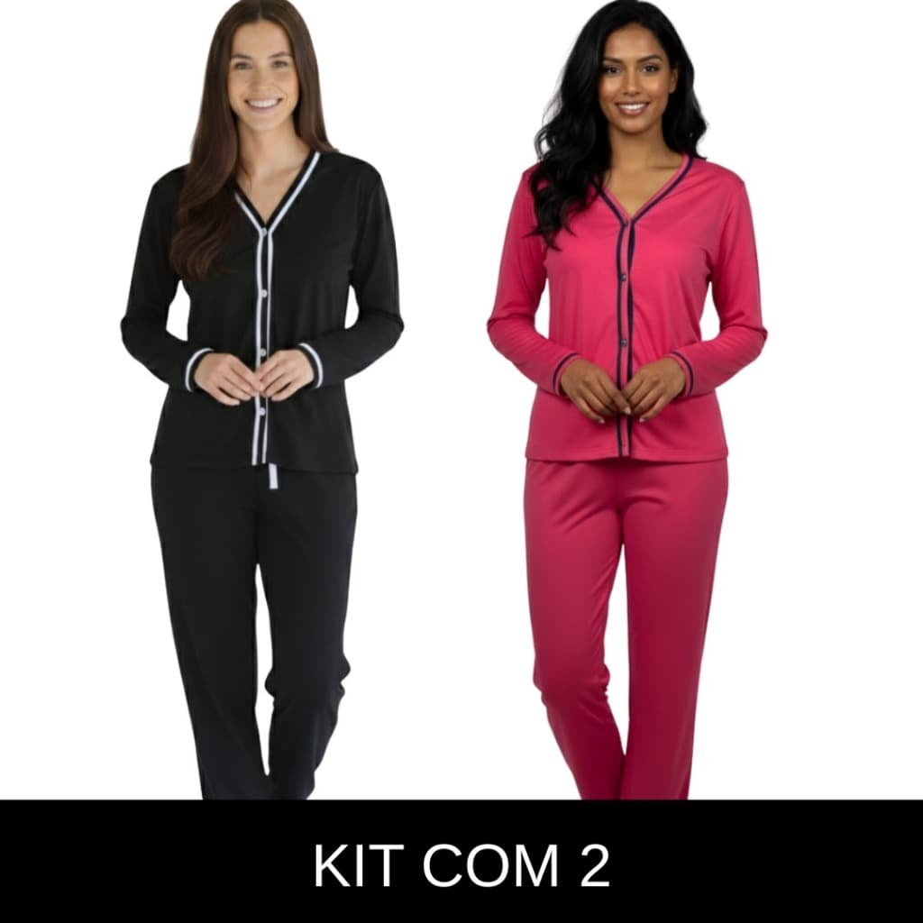 Kit 2 Pijama Blogueirinha | Pijama Longo Americano com Botões Ideal no Pós-Cirúrgico