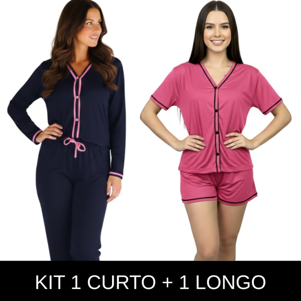Kit 2 Pijama Blogueirinha | Pijama Longo e Baby Doll Americano com Botões