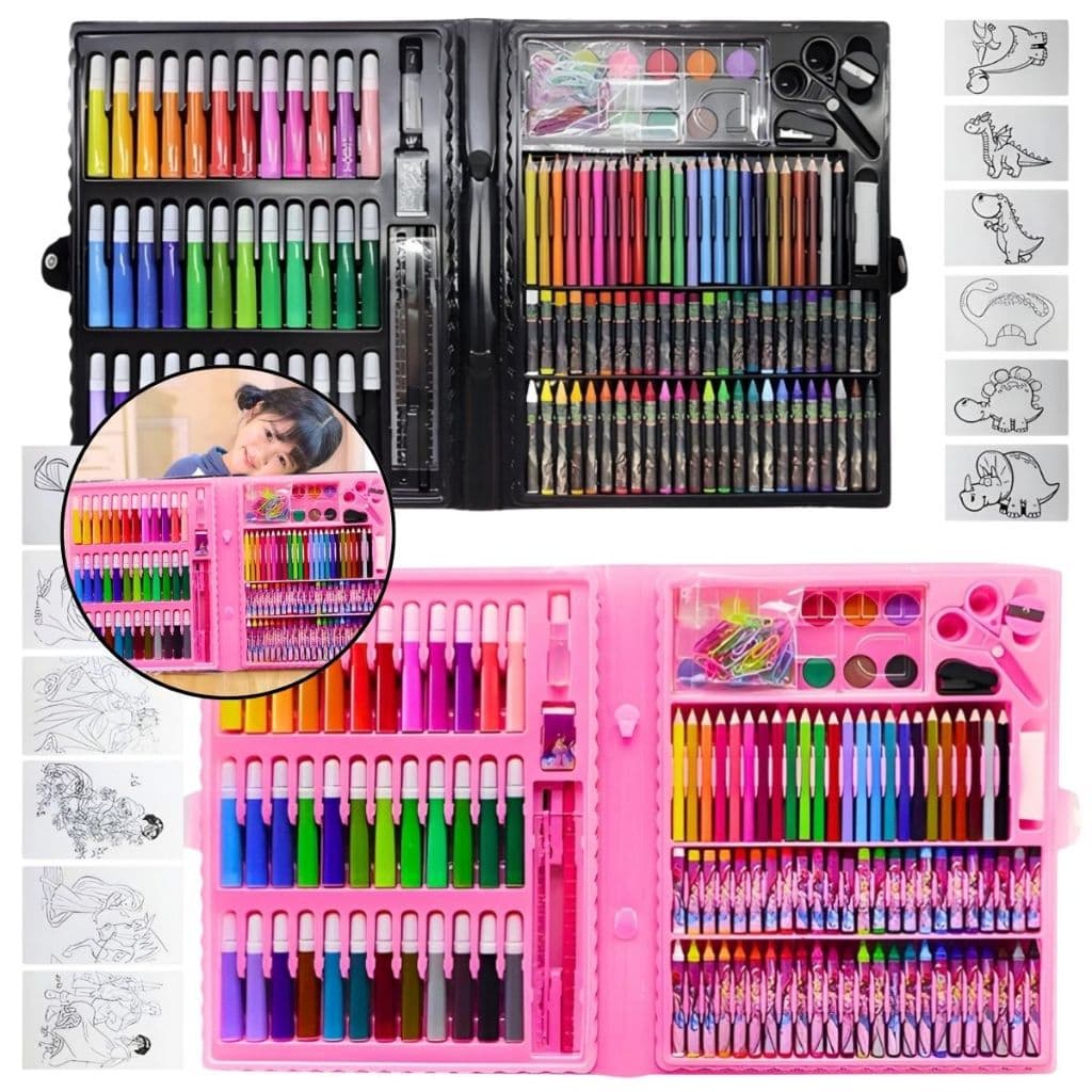 Estojo Maleta Pintura Infantil Lápis Cores Giz Canetinhas e Diversos Tamanhos Desenhos Para Colorir