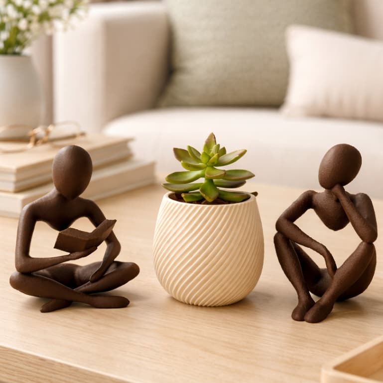 Decoração Estátua Livro + Pensador e Vaso Espiral Resina Minimalista