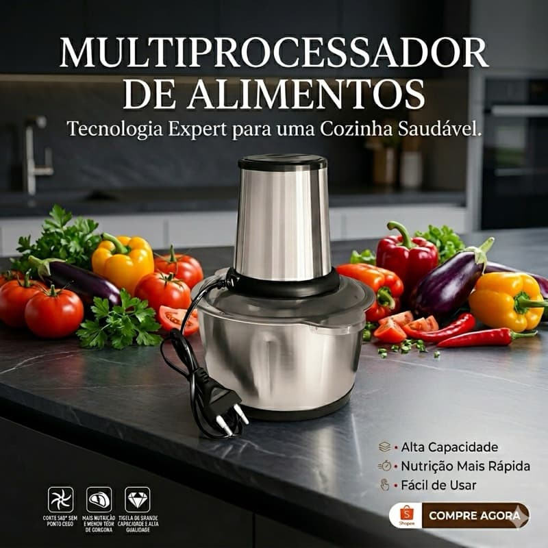 Processador de Alimentos 2L/3L Triturador Elétrico Inox Moedor de Carne Legumes Temperos Processador Potente Cozinha