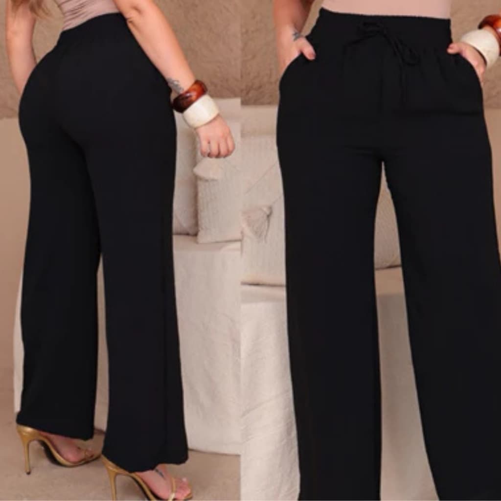 Calça Pantalona Feminina Cintura Alta Com Bolso Duna Tendencia Promoção