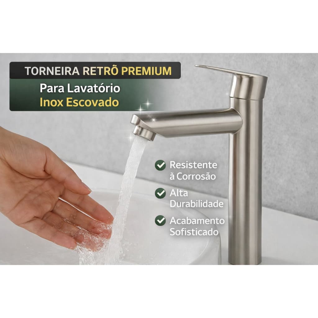 Torneira Lavatório Retrô de Mesa Inox Escovado Alta Resistência Design Vintage Premium