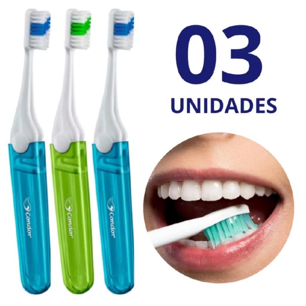 ESCOVA DENTAL MÉDIA OU MACIA CABO DOBRÁVEL PARA VIAGEM 3 UNIDADES