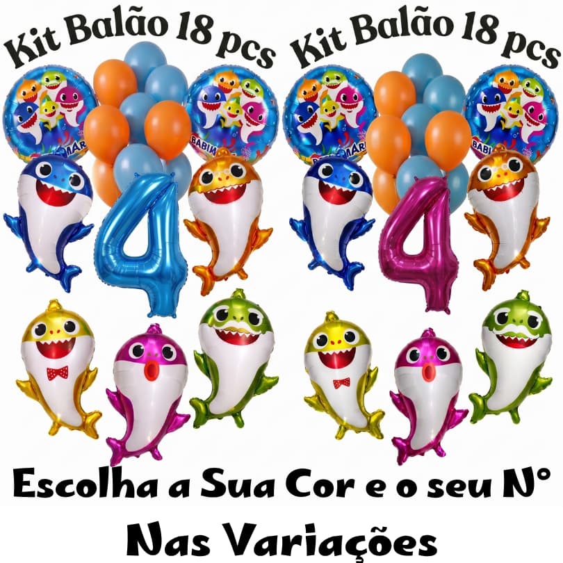 Kit 18 Balão Metalizado Baby Shark com número 70cm Rosa ou Azul Tubarão Mommy Mamãe Daddy Papai Tema Fundo Do Mar