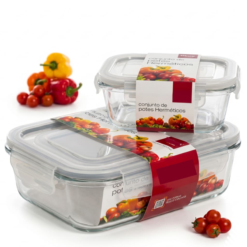 Kit Marmita De Vidro Hermética Borossilicato 1040ml + 370ml  Organizador De Vai Ao Forno Freezer E Micro
