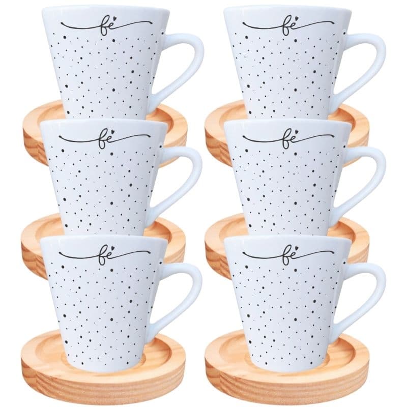 Jogo 6 Xicaras Porcelana 120ml Pires Madeira Café Expresso Chá Coração Fé