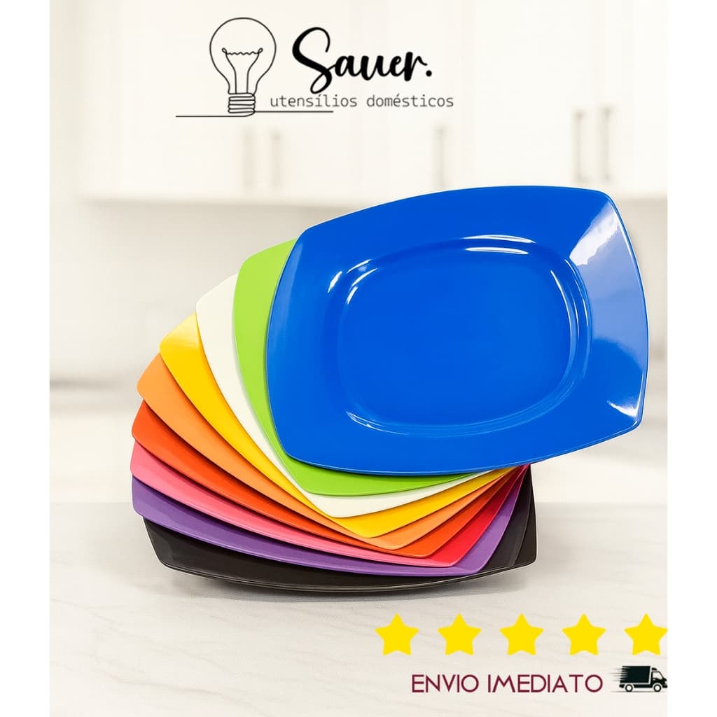 Kit Prato de Sobremesa Quadrado em Plástico – Cores Sortidas | Conjunto com 5, 10 ou 15 Unidades