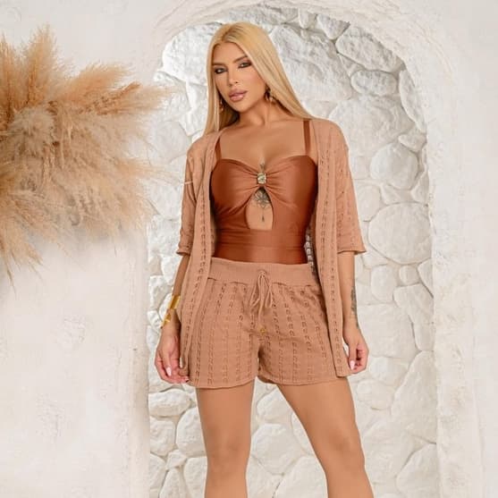 Conjunto Tricot Kimono + Short Saída de Praia