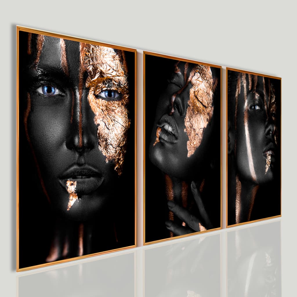 Kit 3 Quadros Decorativos Luxo Mulher Dourado Arte Moderna Preto Gold Sala Premium