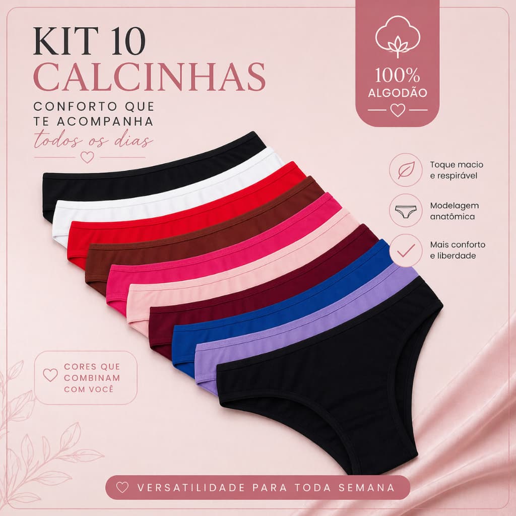 Kit com 10 Calcinhas em Algodão com Forro 100% Algodão Modelo Tanga