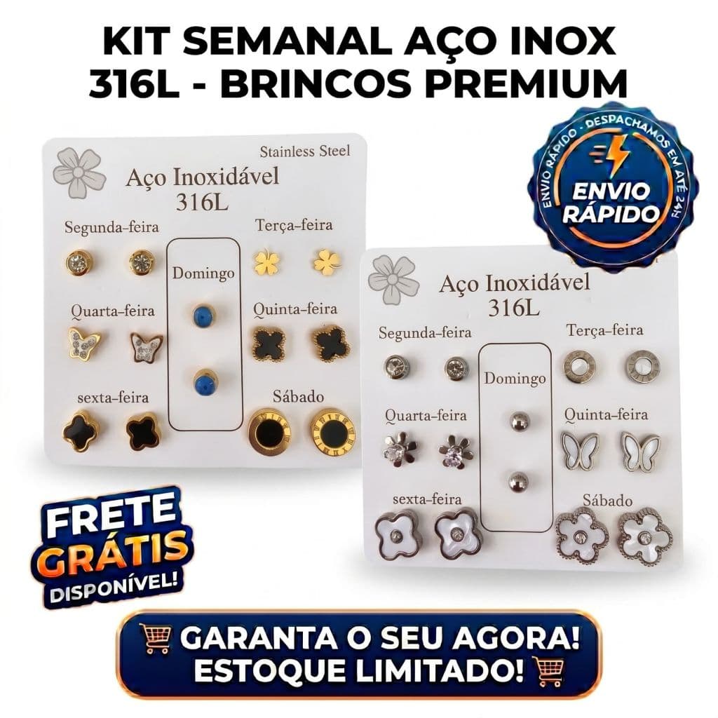 Kit 7 Pares Brincos Aço Inox 316L Semaninha Dourado e Prata Antialérgico Atacado Luxo