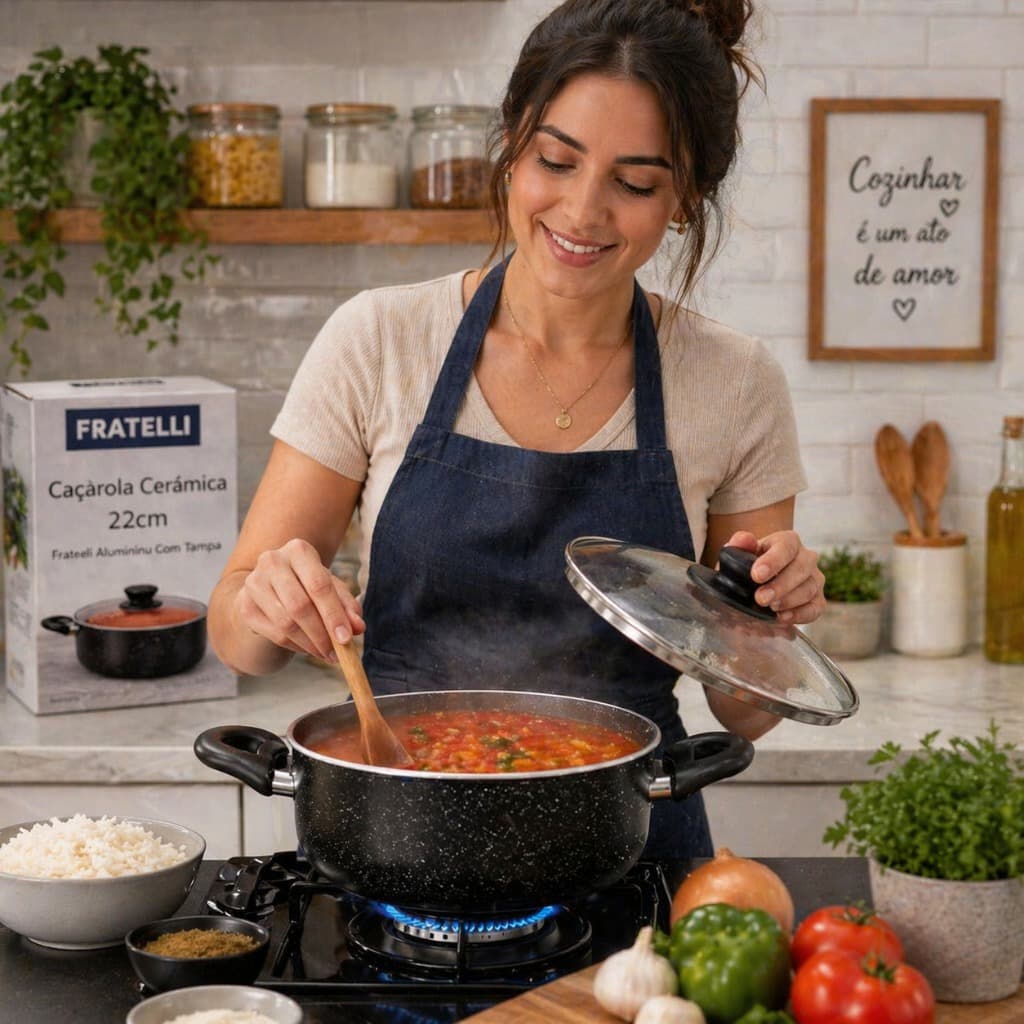 Caçarola Revestimento Cerâmico 22 cm Tampa Vidro Cozinha Antiaderente Durável