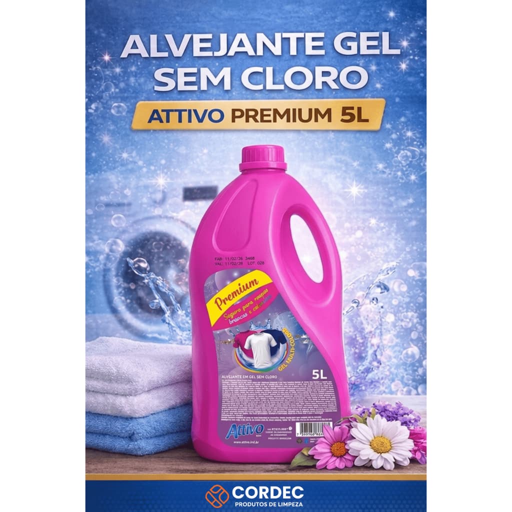 Alvejante Sem Cloro 5L Attivo Premium Concentrado em Gel – Tira Manchas Difíceis | Seguro para Coloridas | Concentrado