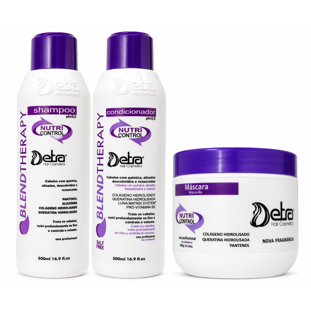 Kit Hidratação Profunda Nutri Control 3 Itens 500ml Shampoo Condicionador Máscara Detra Pós Química