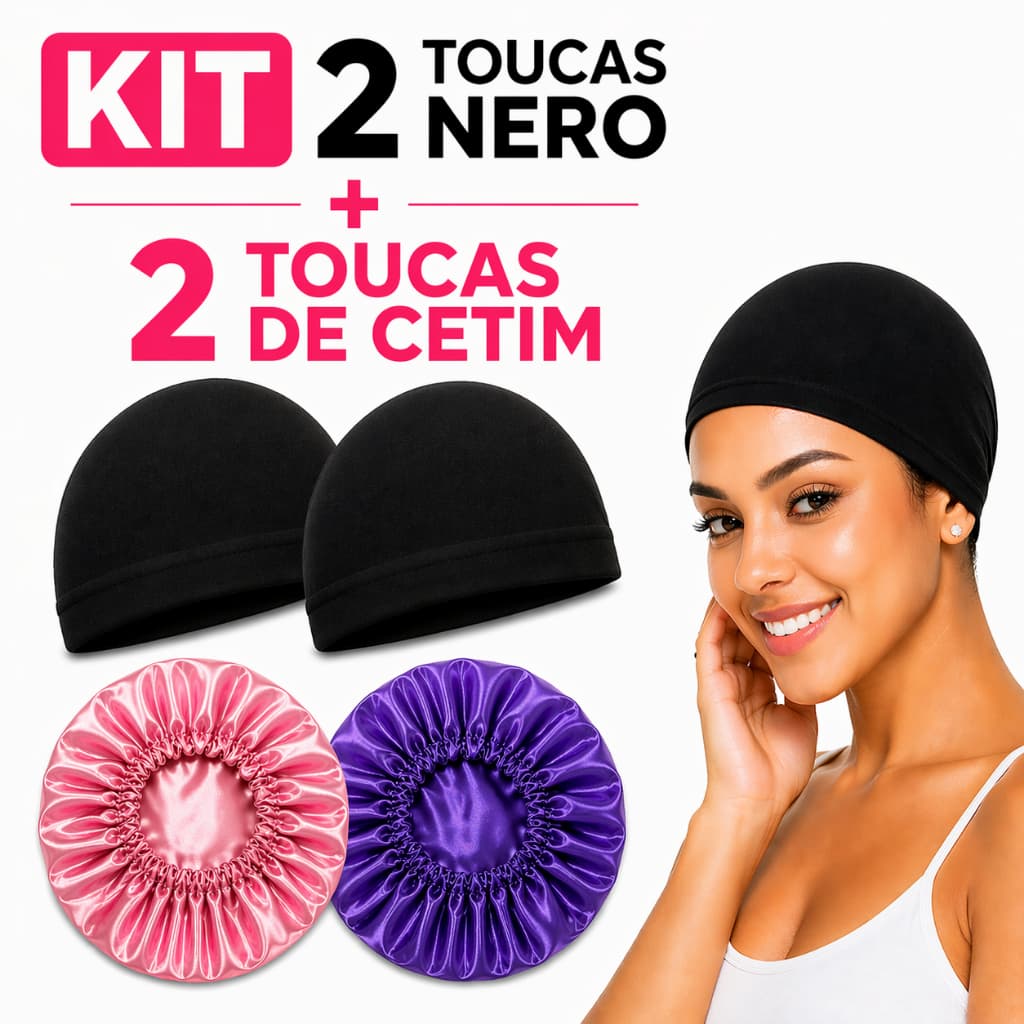 Kit Completo 2 Toucas Nero + 2 Toucas de Cetim Antifrizz Proteção Cabelo Dormir Sem Frizz Sem Quebra