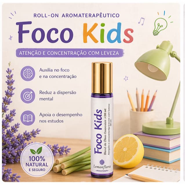 Blend Roll-On Foco Kids 10ml | Aromaterapia Concentração Infantil Natural | Vetiver, Lemongrass & Limão | Lemonflora
