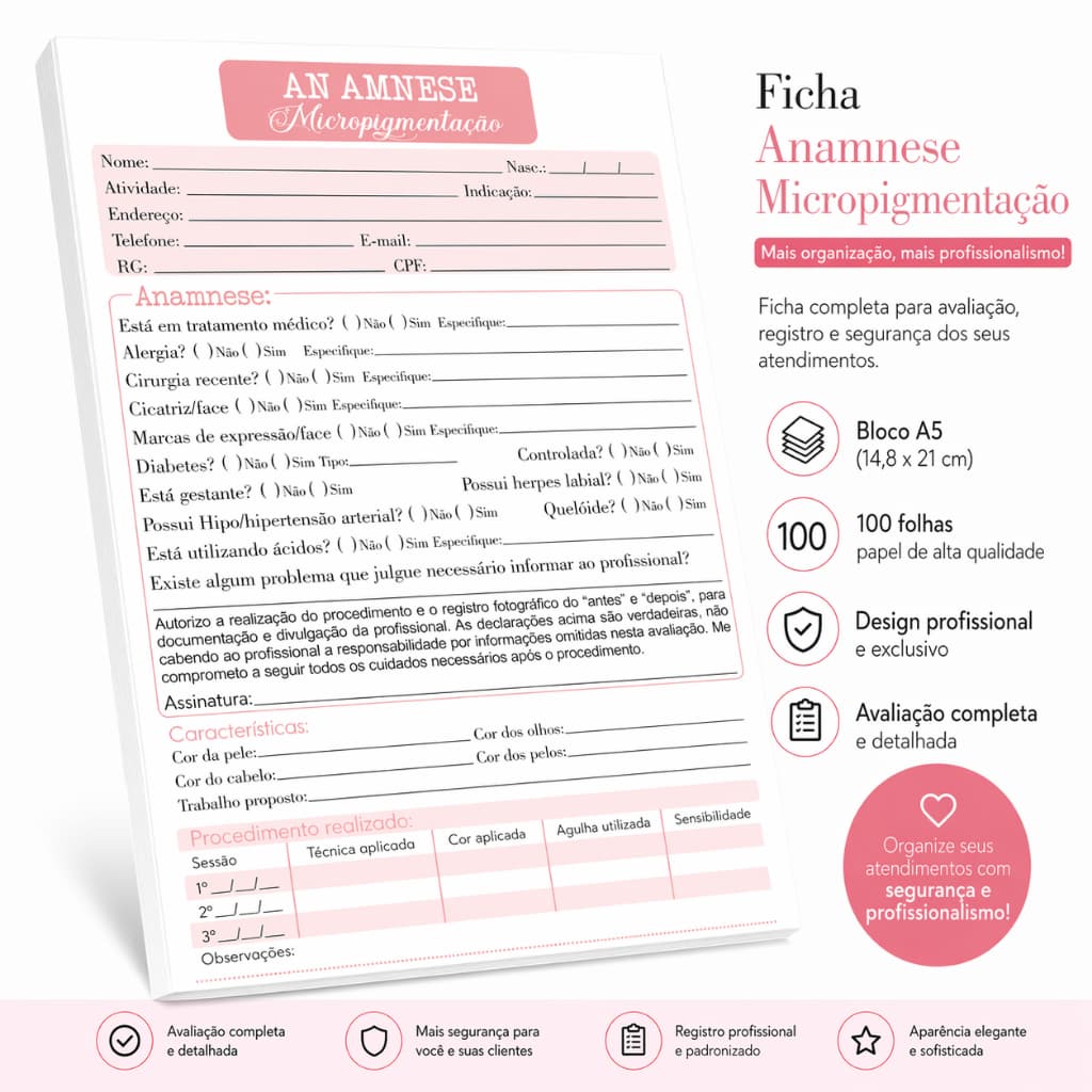 Bloco Ficha de Anamnese Micropigmentadora (100 folhas)