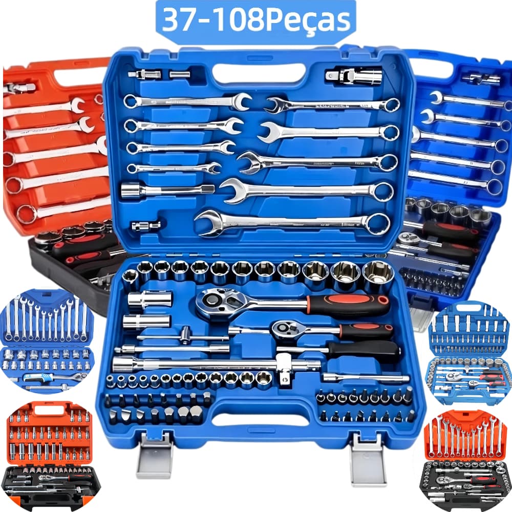 Kit 37-108 Peças de Ferramentas Jogo de Soquetes Completo com Chave Catraca Reversível e Maleta Multi Funções