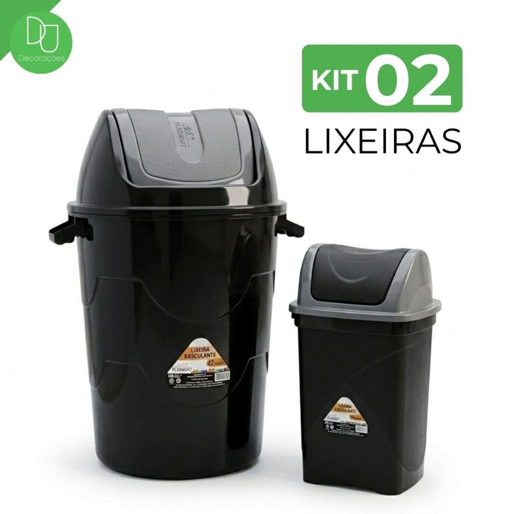 Kit 2 Lixeiras PlásticoTampa Reforçada Redonda 42 Litros Quadrada 15 Litros Lixo Grande Banheiro Escritório Cozinha