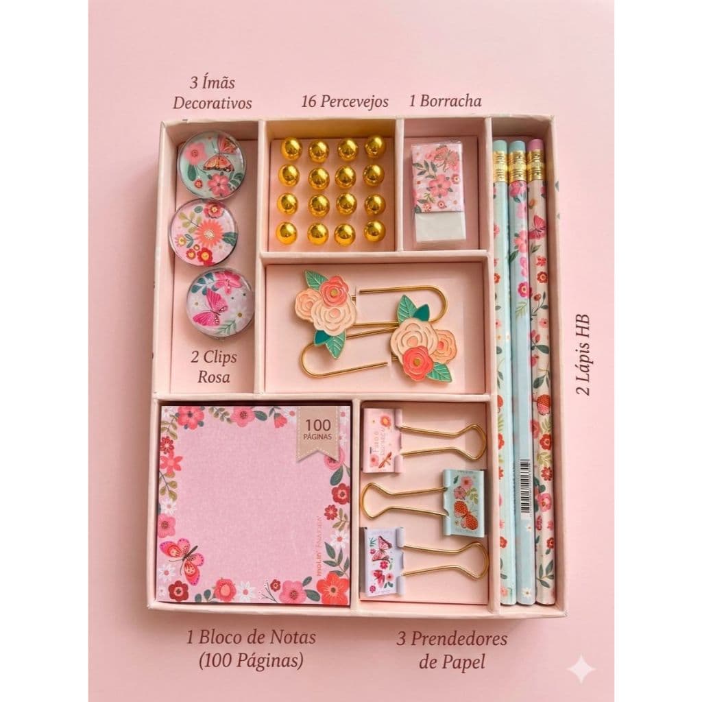 Kit Premium Borboletas 2 Lápis hb/3 blinder/3 ímãs/borracha/2 clips/1 bloco e 16 percevejos Molin