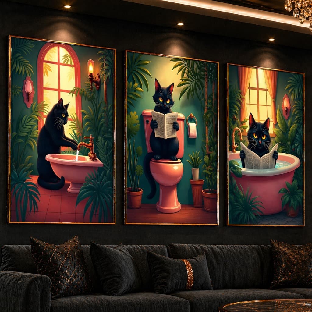 Kit 3 Quadros Decorativos Gato no Banheiro – Arte Divertida e Criativa para Sala ou Lavabo