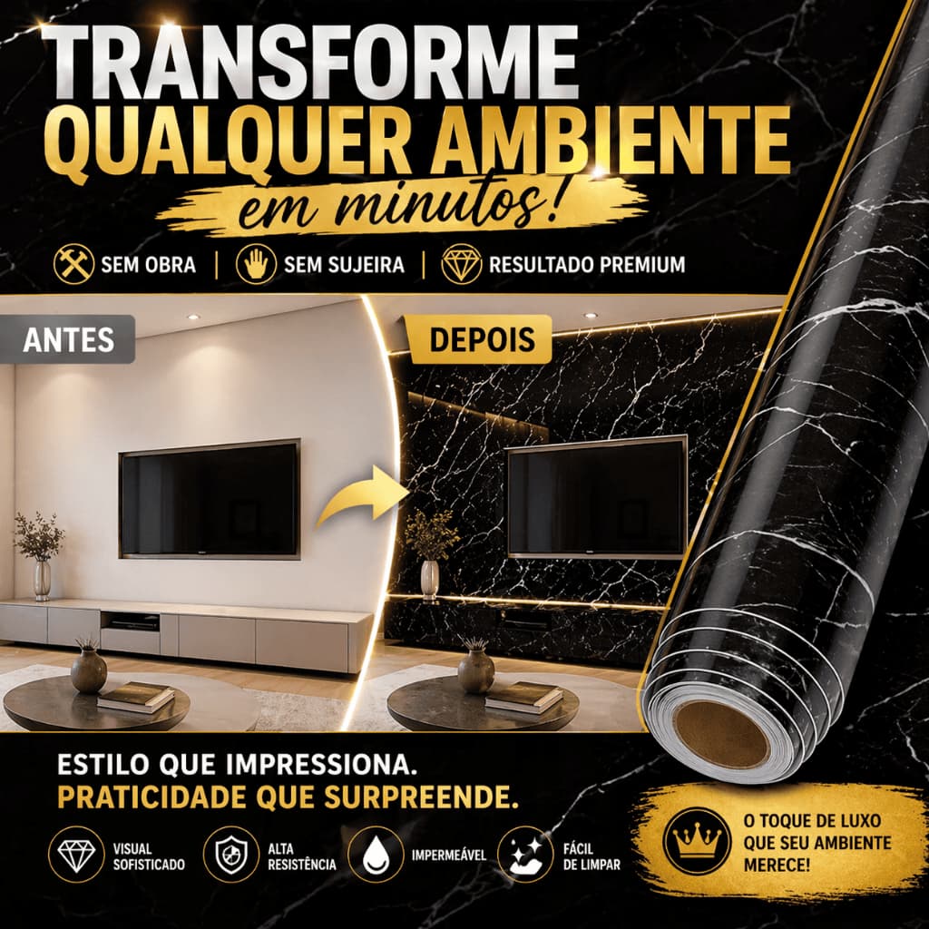 Papel de Parede Adesivo Mármore Preto PVC 5m Impermeável Lavável e Fácil Aplicação