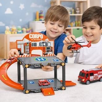 Brinquedo educativo infantil Bombeiros Pista Montar 13 Pecas Carrinhos Helicoptero
