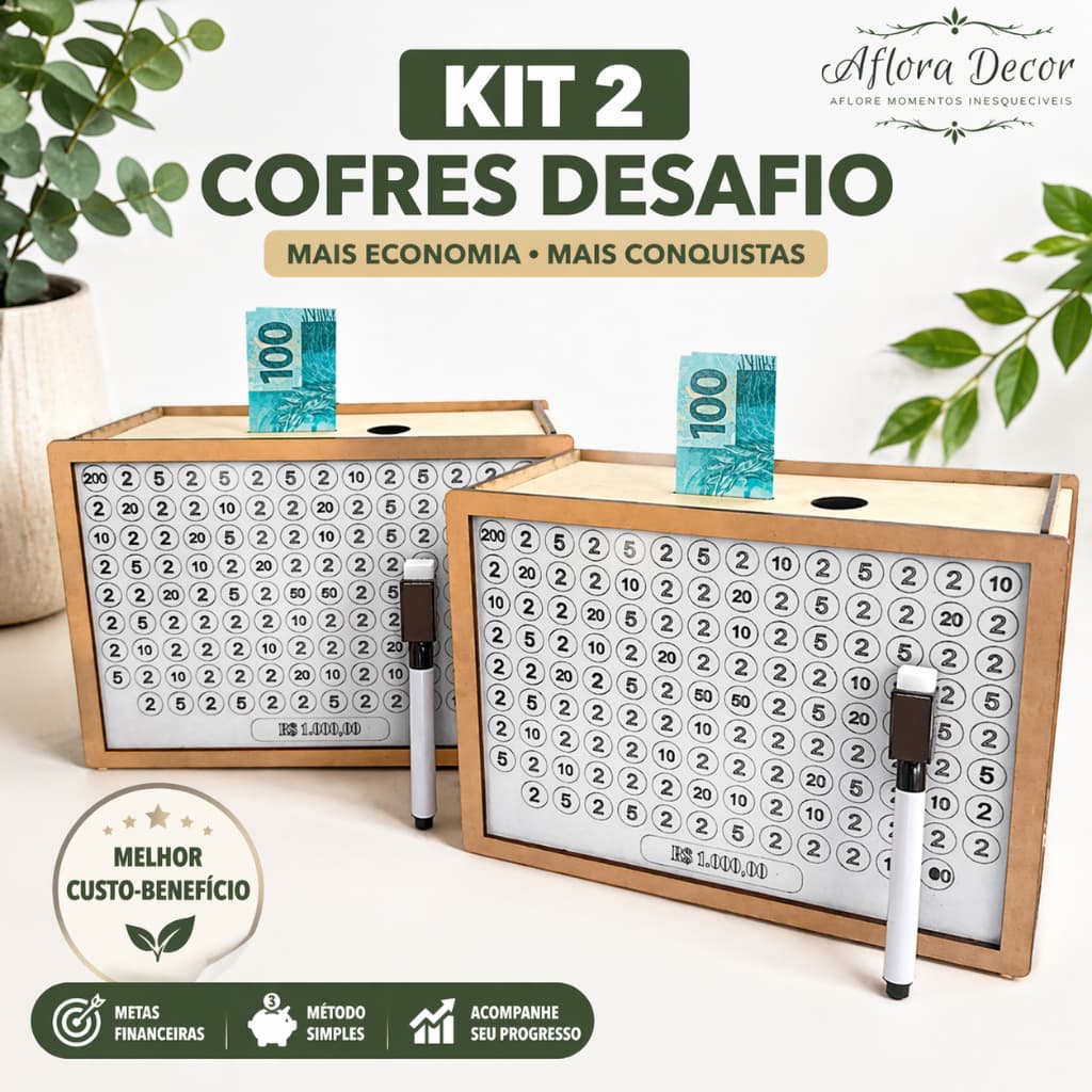 Kit 2 Cofres MDF Desafio Guardar Dinheiro Metas 1000 5000 10000 Método Japonês Economia Presente