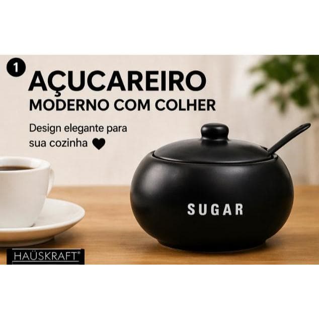Açucareiro Preto com Tampa e Colher Porta Açúcar Moderno Cozinha Elegante