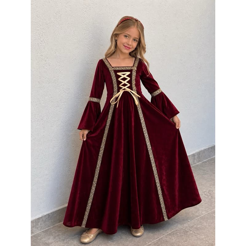 Vestido medieval infantil tradicional bordo luxo