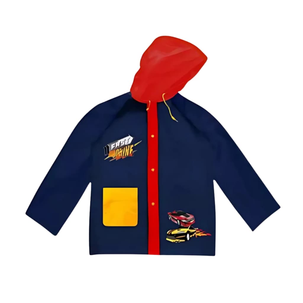 Capa de Chuva Infantil com Capuz Estampada Fast Machine Carros Impermeável Azul e Vermelho
