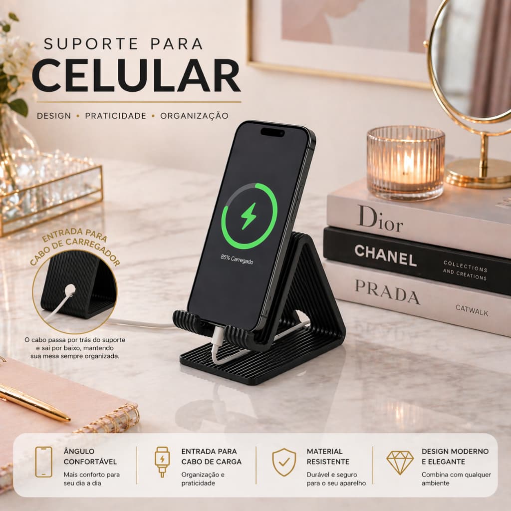 Suporte Para Celular de Mesa com Entrada para Cabo Carregador Base Apoio Smartphone Universal Organizador Escritório Hom