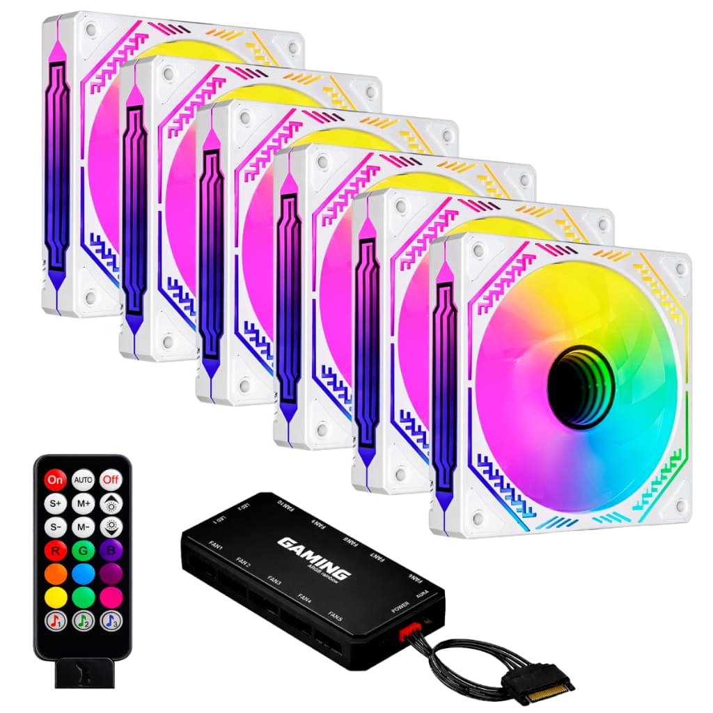 Kit 6 Fans Cooler Ventoinhas Brancas Aura White Infinity ARGB Pc Gamer C/ Controladora Hub Preto