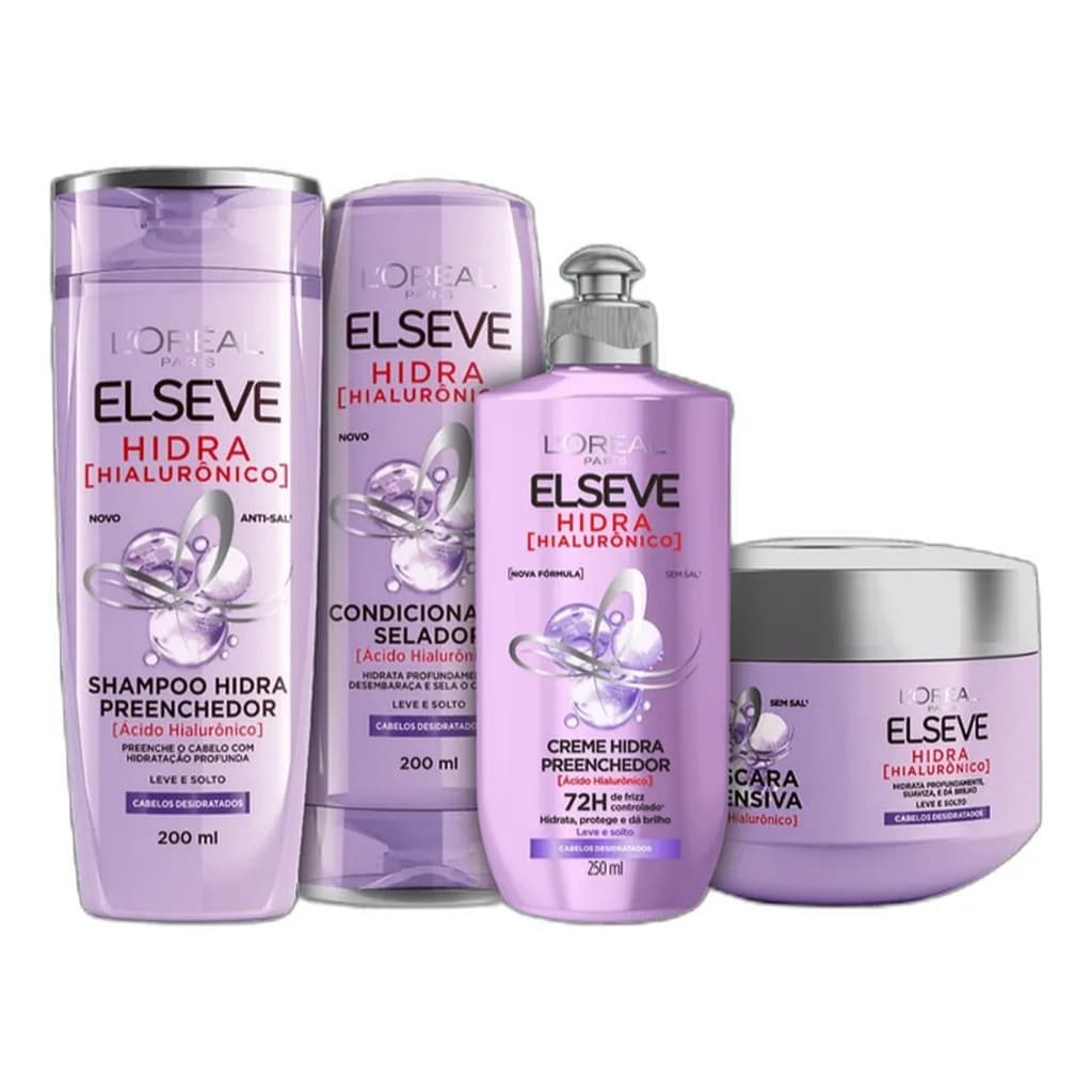 Kit Elseve Hidra Hialurônico Completo 4 Produtos- shampoo e condicionador 200ml -mascara e creme de pentear