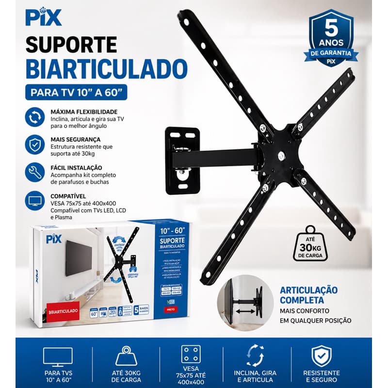 Suporte Articulado TV 10” a 60” Até 30kg | Inclinação Giro e Ajuste Completo