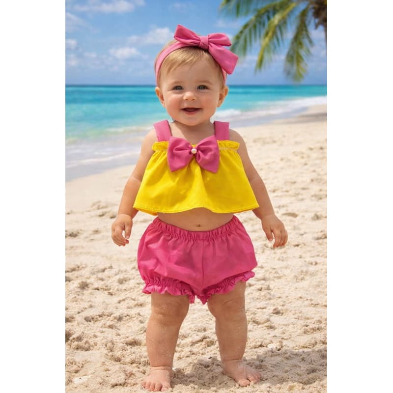 Kit 3 Peças Banho De Sol Infantil Menina Bebê calcinha Conjunto Romper  Saia Tapa Fralda Tematico Mesversário Passeio