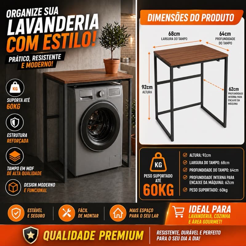 Aparador Industrial Máquina de Lavar Bancada Organizadora Metalon e MDP