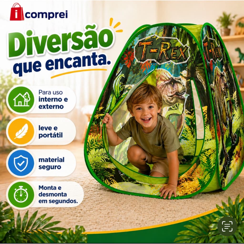 Brinquedo Infantil Menino Barraca Barraquinha Cabana Cabaninha Toca Toquinha Dinossauro Dobrável